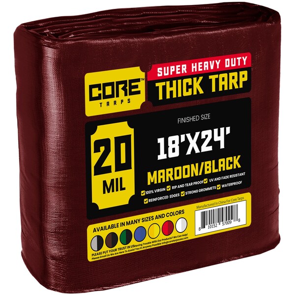 Core Tarps Heavy Duty Tarp, 18 ft x 24 ft, 20 Mil, Maroon, Polyethylene CT-707-18X24 - main